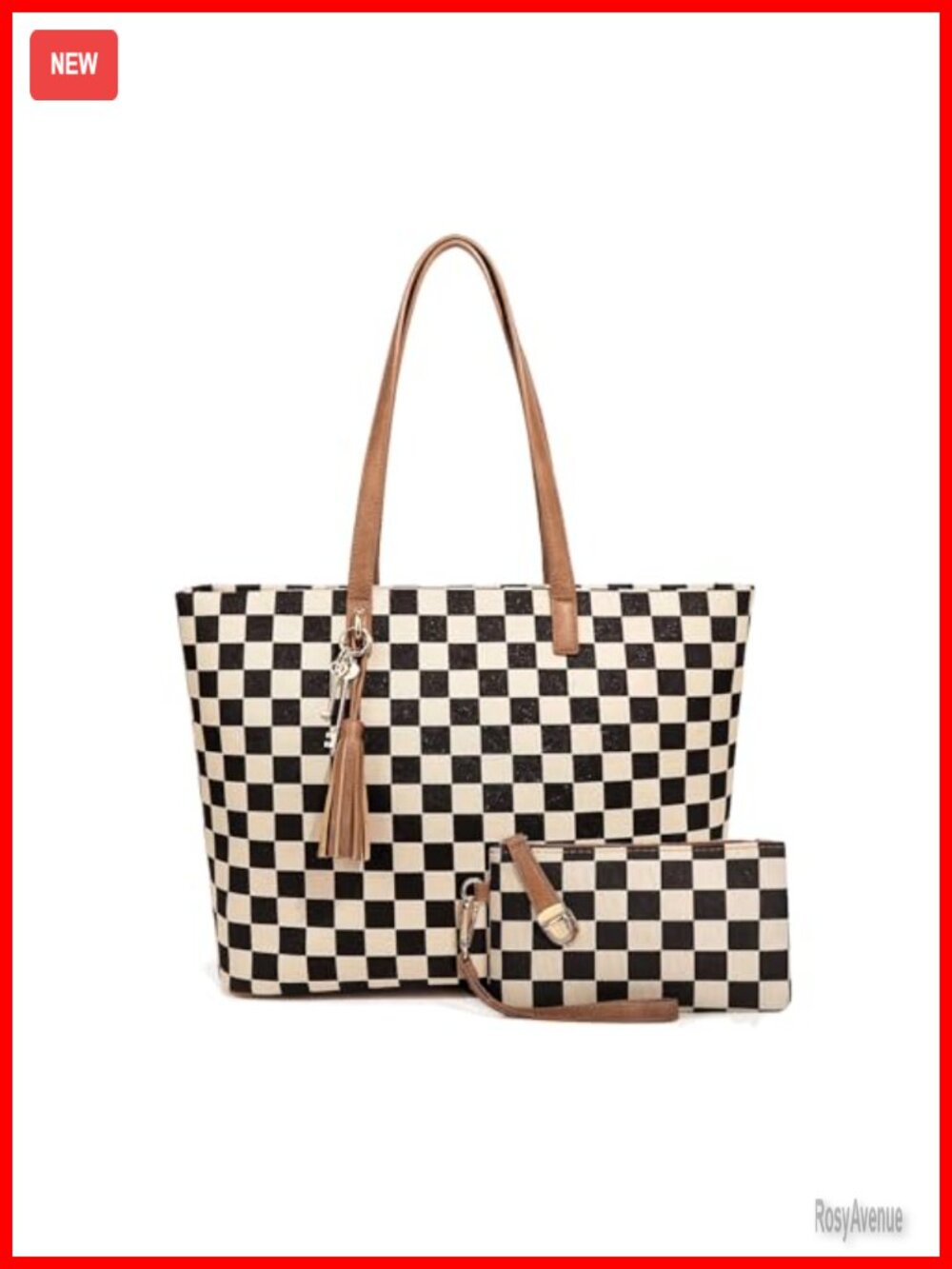 Checkered Tote Bag Large Canvas Shoulder Handbag Wristlet Set